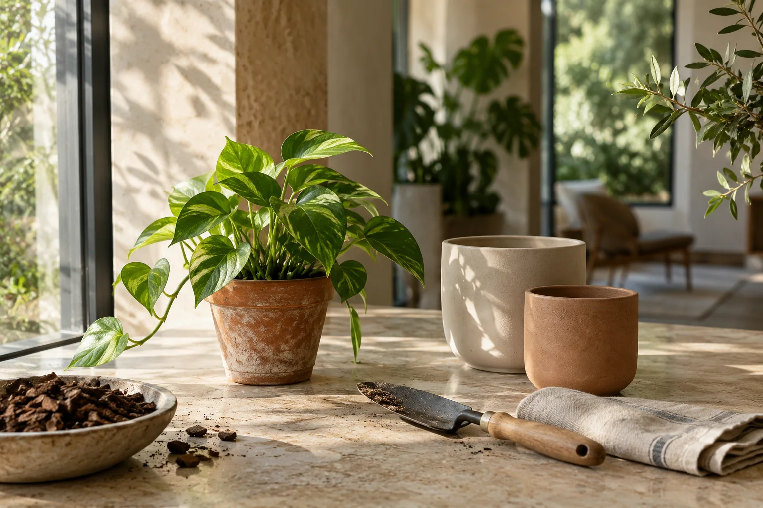 Nature morte imaginaire avec pots sans marque, plante et transplantoir