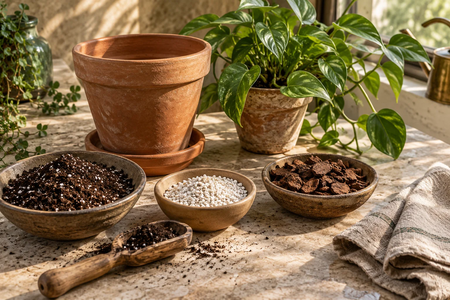 A pot and loose potting materials arranged on a workbench